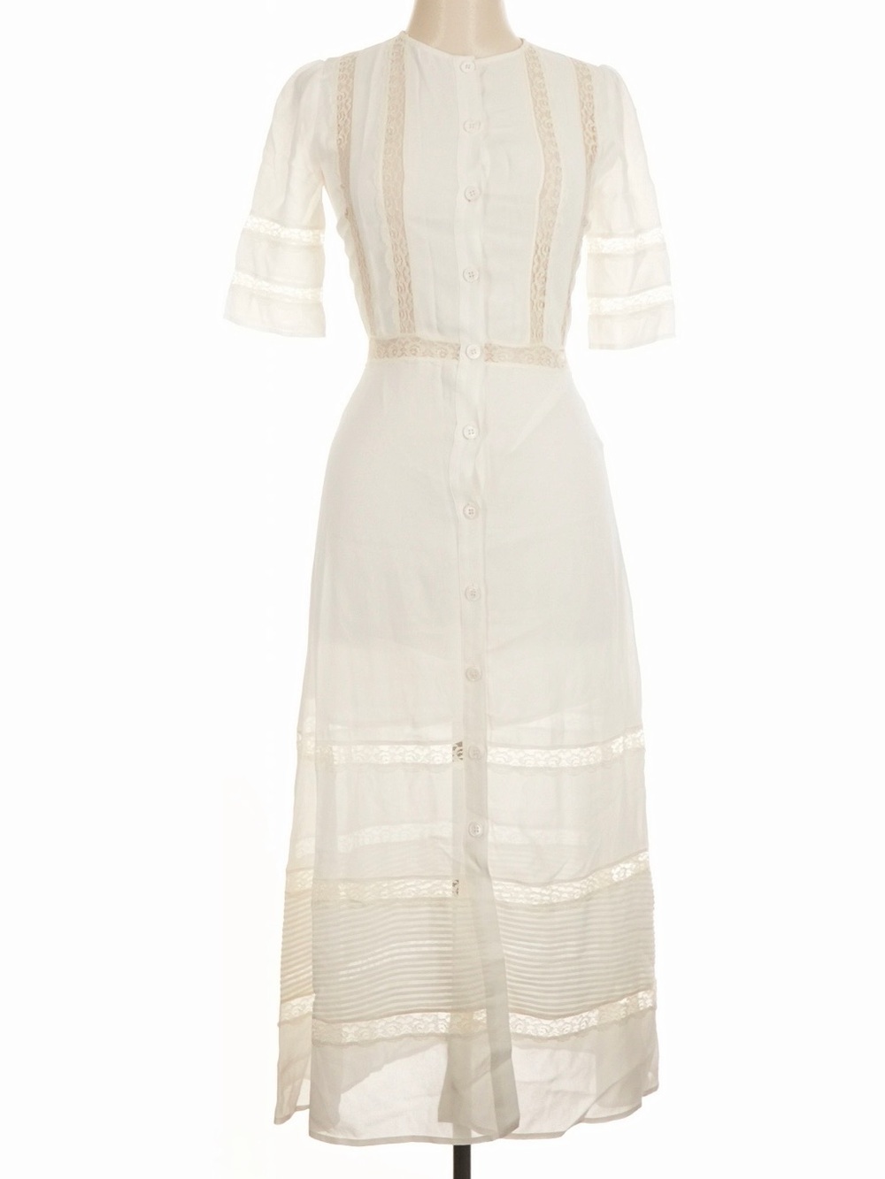 Reformation Ivory Lace-Trim Button Front A-line Midi Dress